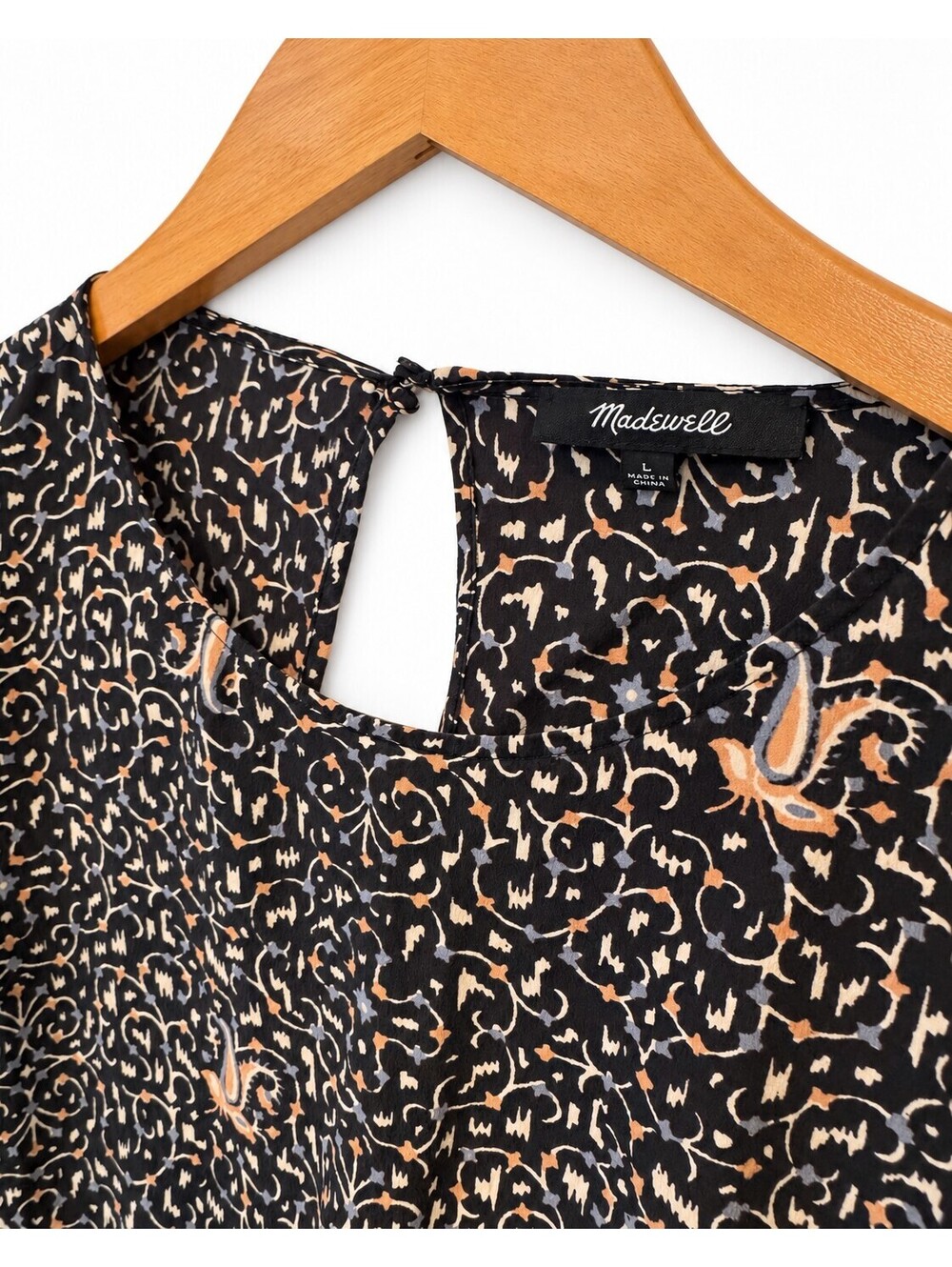 Madewell 100% Silk Fiesta Paisley Bell Sleeve Peplum Top Black Women’s Size L - Picture 3 of 5